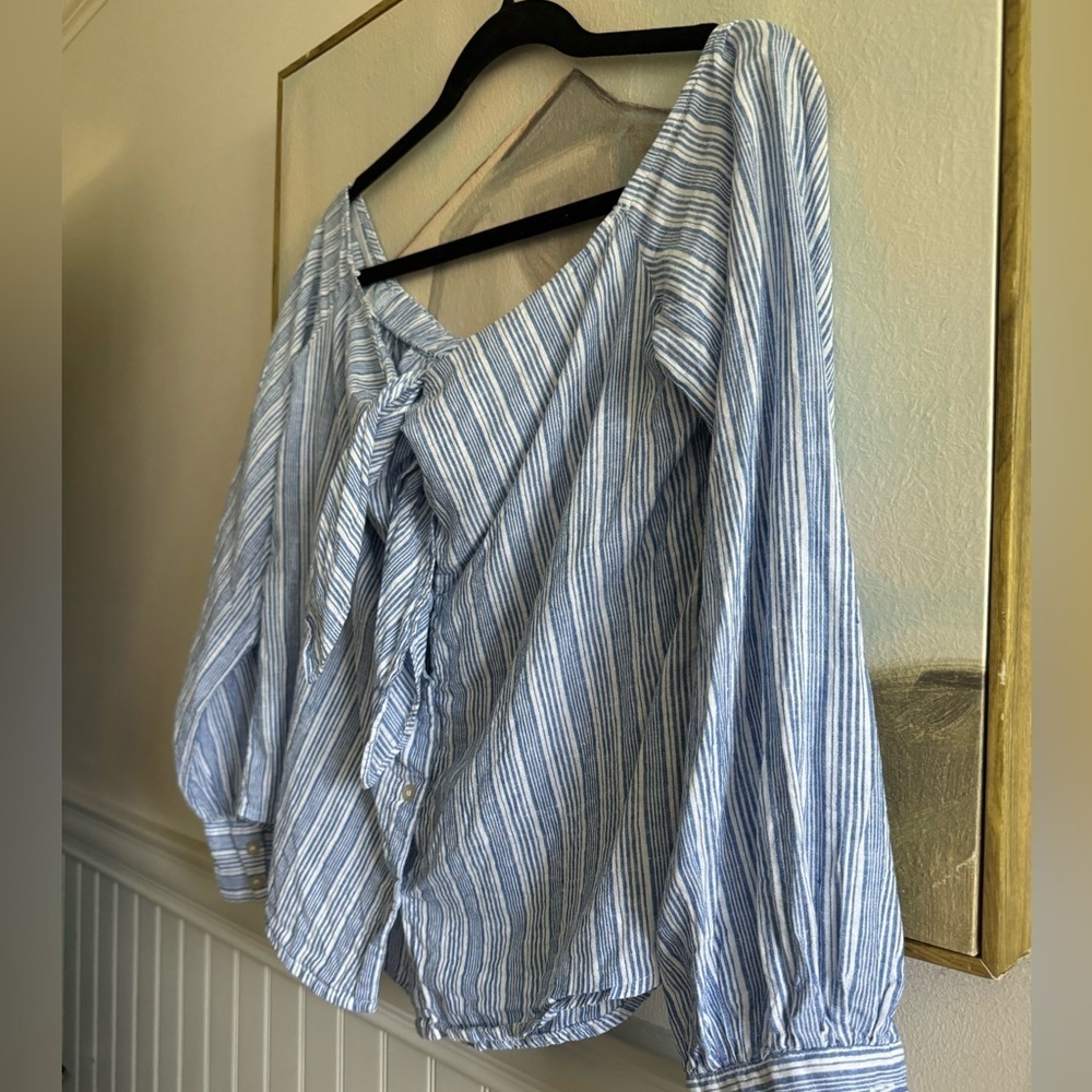 FREE PEOPLE Women’s Hello There Beautiful Blue White Tie Off Shoulder Shirt - Picture 4 of 10